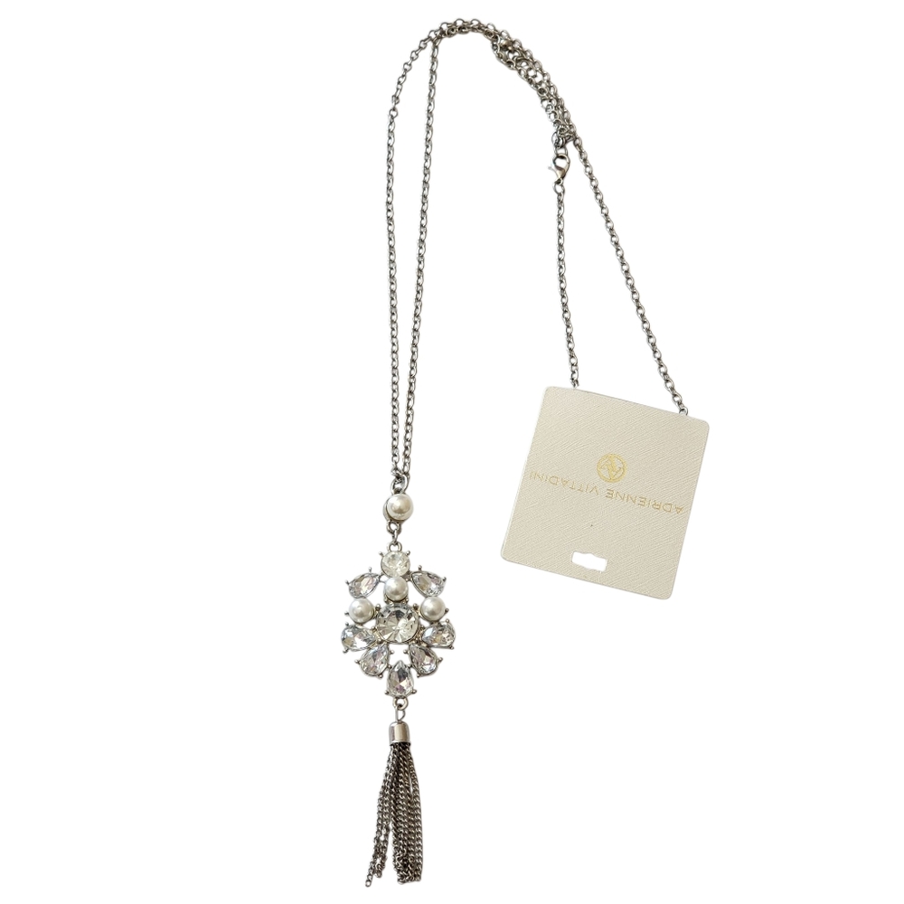 Faux Pearl and rignstone Silver tone pendant Necklace with tassel